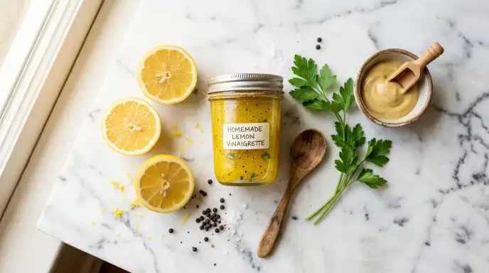 If you've been drowning your greens in store-bought dressings packed with mystery ingredients, I totally get it — I've been there too. This easy healthy salad dressing is a total game-changer for anyone who wants clean, simple, and absolutely delicious flavor without the processed stuff. It's perfect for busy weeknights, meal preppers, and anyone just starting their healthy eating journey. Easy Healthy Salad Dressing (Ready in 5 Minutes!) Recipe Overview Detail Value COURSE Condiment / Dressing CUISINE American DIFFICULTY Easy SERVINGS 4 servings PREPARATION TIME 5 minutes COOKING TIME 0 minutes CALORIES ~90 per serving Equipment Needed Small mixing bowl Whisk or fork Measuring spoons Measuring cups Small glass jar or mason jar (for storing) Citrus juicer (optional but helpful) Rubber spatula for scraping Ingredients 3 tablespoons extra virgin olive oil 2 tablespoons fresh lemon juice (about 1 medium lemon) 1 tablespoon raw apple cider vinegar 1 teaspoon Dijon mustard 1 teaspoon pure honey (or maple syrup for vegan option) 1 small garlic clove, finely minced or grated ¼ teaspoon fine sea salt ¼ teaspoon freshly cracked black pepper 1 tablespoon fresh herbs, optional (parsley, dill, or chives work beautifully) Substitutions & Variations: Swap lemon juice with lime juice for a fun citrus twist Use tahini instead of olive oil for a creamy, nutty version Replace honey with agave nectar for a fully plant-based dressing Add a pinch of red pepper flakes if you love a little heat Try white wine vinegar instead of apple cider vinegar for a milder tang Step-by-Step Instructions 1. Grab your small mixing bowl and set it on a stable surface — trust me, no one wants a bowl sliding around mid-whisk. 2. Add the 3 tablespoons of extra virgin olive oil directly into the bowl first. 3. Squeeze in your fresh lemon juice, making sure to catch any sneaky seeds before they dive in. 4. Pour in the apple cider vinegar — this is the secret ingredient that gives your easy healthy salad dressing that beautiful bright, tangy flavor. 5. Add the Dijon mustard — this does double duty as both a flavor booster and a natural emulsifier to keep everything blended together. 6. Drizzle in your honey or maple syrup to balance out the acidity — just a small amount makes a huge difference. 7. Grate or finely mince your garlic clove and add it in — fresh garlic gives the dressing an incredible depth that garlic powder simply can't match. 8. Sprinkle in the sea salt and freshly cracked black pepper. 9. If you're using fresh herbs, chop them finely and toss them in now for an extra layer of fresh, vibrant flavor. 10. Whisk everything together vigorously for about 30–45 seconds until the dressing looks fully combined and slightly emulsified. 11. Taste your easy healthy salad dressing and adjust — need more tang? Add a squeeze of lemon. Too sharp? A tiny extra drizzle of honey will fix it right up. 12. Pour into a mason jar, shake it one more time before serving, and enjoy your homemade, wholesome dressing immediately or refrigerate for later! 💡 Pro Tip: If the dressing separates in the fridge (totally normal!), just give it a quick shake or whisk before drizzling it over your salad. Ideas for Serving This easy healthy salad dressing works beautifully in so many ways beyond just a classic garden salad. Drizzle over a simple arugula and shaved parmesan salad for an elegant weeknight side Use it as a marinade for grilled chicken, shrimp, or tofu before cooking Toss with roasted vegetables like zucchini, bell peppers, or asparagus for extra brightness Drizzle over grain bowls with quinoa, chickpeas, and cucumber for a satisfying lunch Use as a dipping sauce for warm pita bread or fresh crudités at your next gathering Nutrition Information Nutrient Amount (Per Serving) Calories ~90 kcal Protein 0.2g Fat 10g Carbs 3g About the Nutrition: This dressing is naturally low in carbohydrates and free from refined sugars, artificial additives, and unnecessary preservatives. The healthy fats from extra virgin olive oil are heart-friendly monounsaturated fats that your body actually loves. Apple cider vinegar has long been celebrated for supporting digestion and blood sugar balance. Lemon juice adds a natural dose of vitamin C, and fresh garlic brings powerful antioxidant and immune-boosting properties. Overall, this is a wholesome, nutrient-friendly addition to any clean eating lifestyle! Common Mistakes to Avoid Using bottled lemon juice instead of fresh — the flavor difference is dramatic, and fresh lemon juice makes this dressing truly shine Skipping the mustard — Dijon acts as an emulsifier, so without it your dressing will separate immediately and look messy Adding too much vinegar — start with the measured amount and taste as you go, because too much acidity can overpower the entire dressing Using low-quality olive oil — since olive oil is the base here, quality matters; a good extra virgin olive oil makes a noticeably better dressing Not tasting and adjusting before serving — everyone's palate is different, so always taste-test and tweak the balance to your preference Storing it in the wrong container — always use a sealed glass jar in the fridge to preserve freshness and prevent the dressing from absorbing fridge odors Conclusion I genuinely believe that once you start making your own homemade dressings, you'll never want to go back to the bottled stuff again. This easy healthy salad dressing has become such a staple in my kitchen — I literally make a fresh batch almost every week. It takes only five minutes, uses pantry staples you probably already have, and it tastes so much better than anything you'd grab off a grocery store shelf. Whether you're just beginning your healthy eating journey or you're a seasoned home cook looking to simplify things, this recipe is for you. Give it a try, make it your own, and don't be afraid to experiment with the variations! I promise your salads will never feel boring again. FAQs How long does this easy healthy salad dressing last in the fridge? It stays fresh in a sealed glass jar for up to 7 days in the refrigerator. Always give it a good shake before using since natural separation is completely normal. Can I make this dressing without garlic? Absolutely! Simply leave it out or replace it with a tiny pinch of garlic powder for a milder, gentler flavor. Is this dressing good for weight loss? Yes! This easy healthy salad dressing is made with wholesome, natural ingredients and contains no refined sugars or artificial additives, making it a smart choice for a balanced diet. Can I make a larger batch ahead of time? Definitely — just double or triple the recipe and store it in a larger mason jar in the fridge for convenient, grab-and-go use all week long. What salads work best with this easy healthy salad dressing? It pairs wonderfully with everything from simple mixed greens to hearty kale salads, Greek salads, grain bowls, and even pasta salads. It's incredibly versatile and crowd-pleasing!